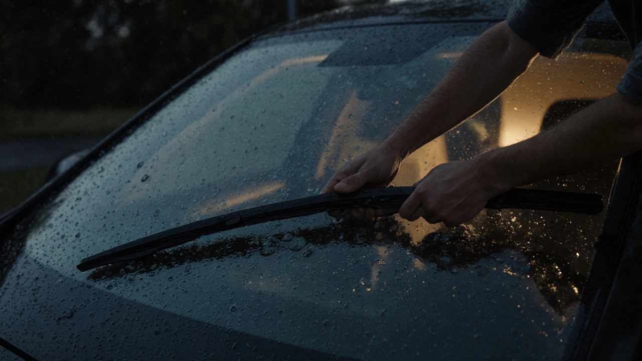 Rain falling on clean windshield as person lowers newly installed wiper arms
