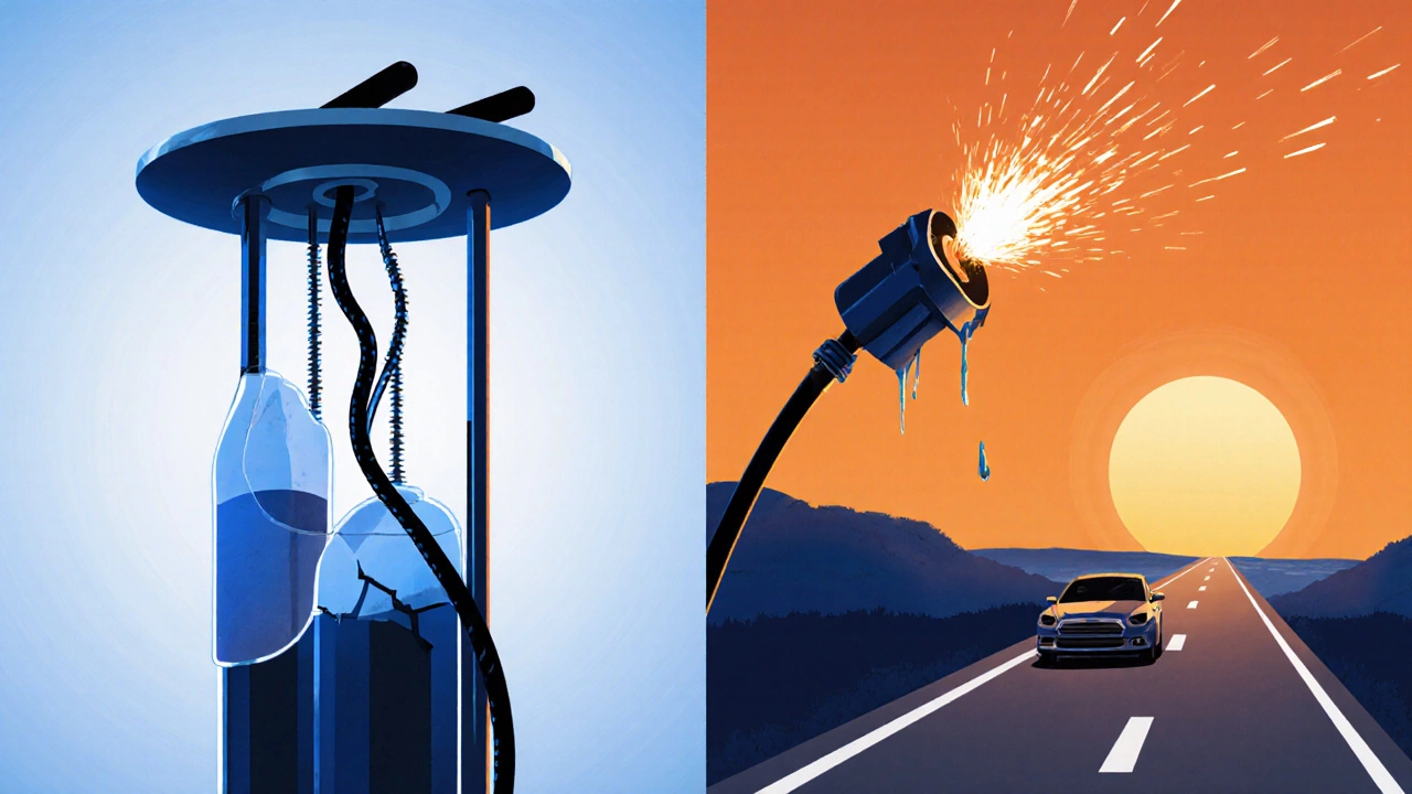 Split image: healthy fuel pump vs failing pump with car stranded on road.