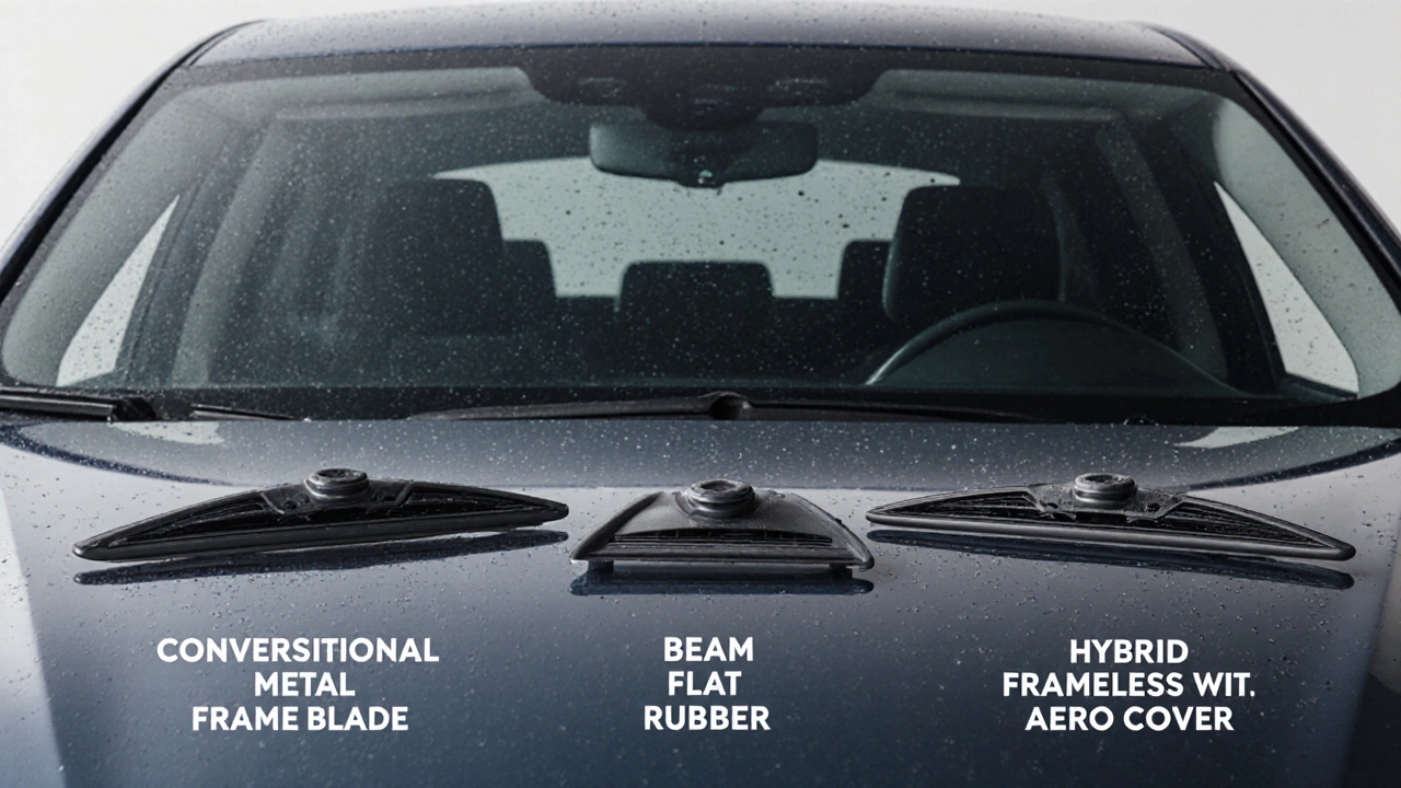 Three types of wiper blades side by side: conventional, beam, and hybrid.