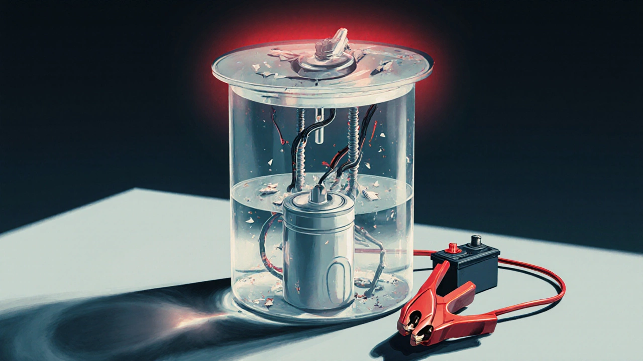 Transparent fuel tank showing a broken pump with debris inside, jumper cables unused nearby.