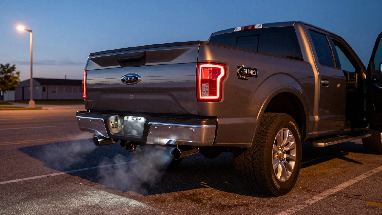 2018 Ford F-150 at dusk with glowing exhaust and tuning device visible, heat waves rising from mufflers.
