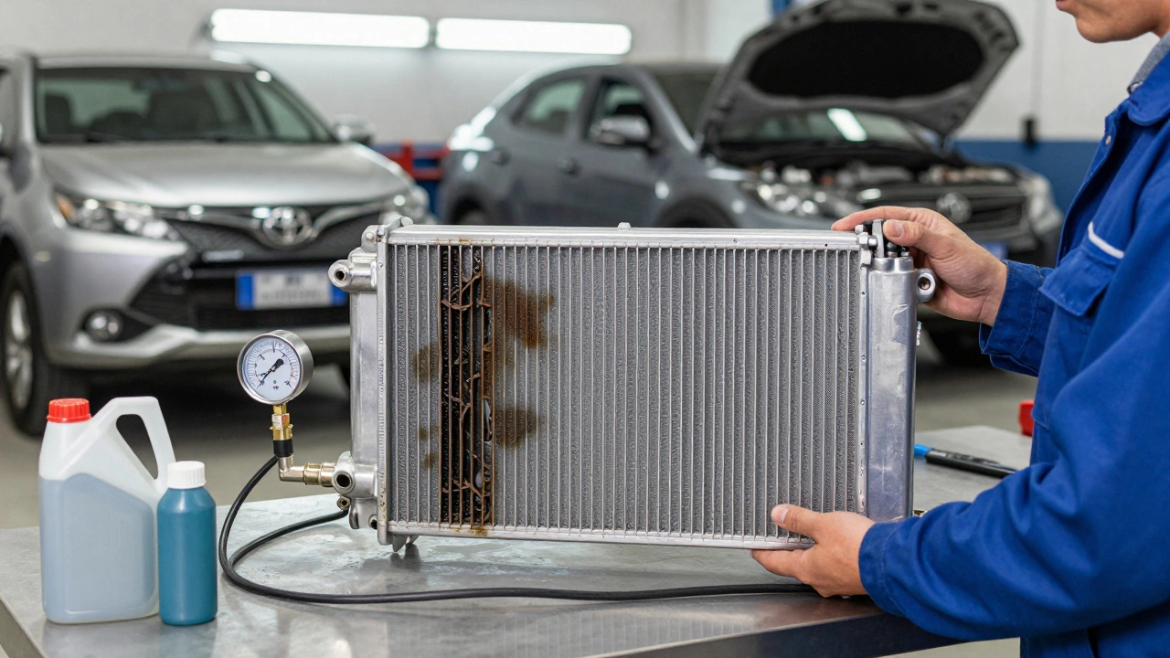 A mechanic comparing a new radiator to a clogged old one in a well-lit auto workshop.