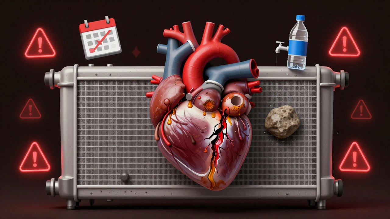 A symbolic radiator shaped like a heart, leaking rust fluid with signs of neglect surrounding it.