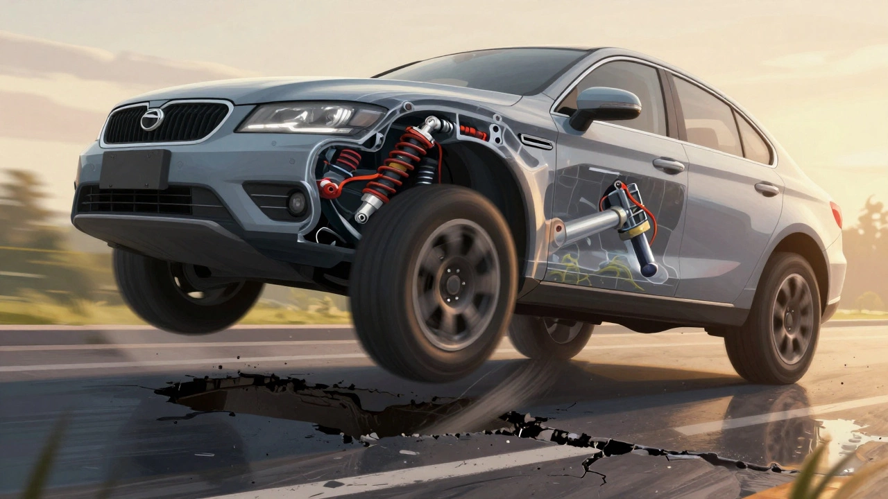 Car bouncing over a pothole with transparent view of internal suspension components in motion under golden light.