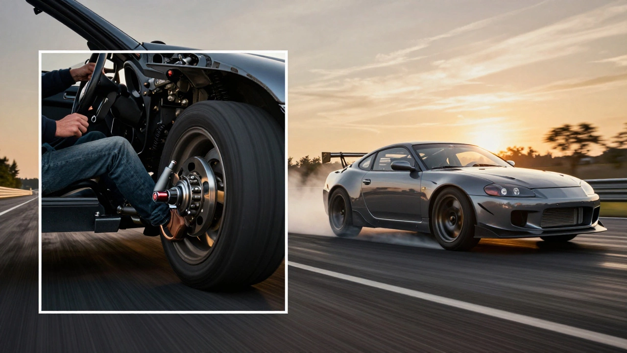 Car launching with split image showing slipping clutch on left and efficient power transfer on right.