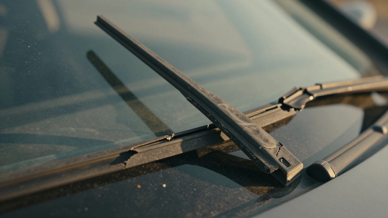 Close-up of cracked and hardened wiper blade rubber showing signs of UV damage.