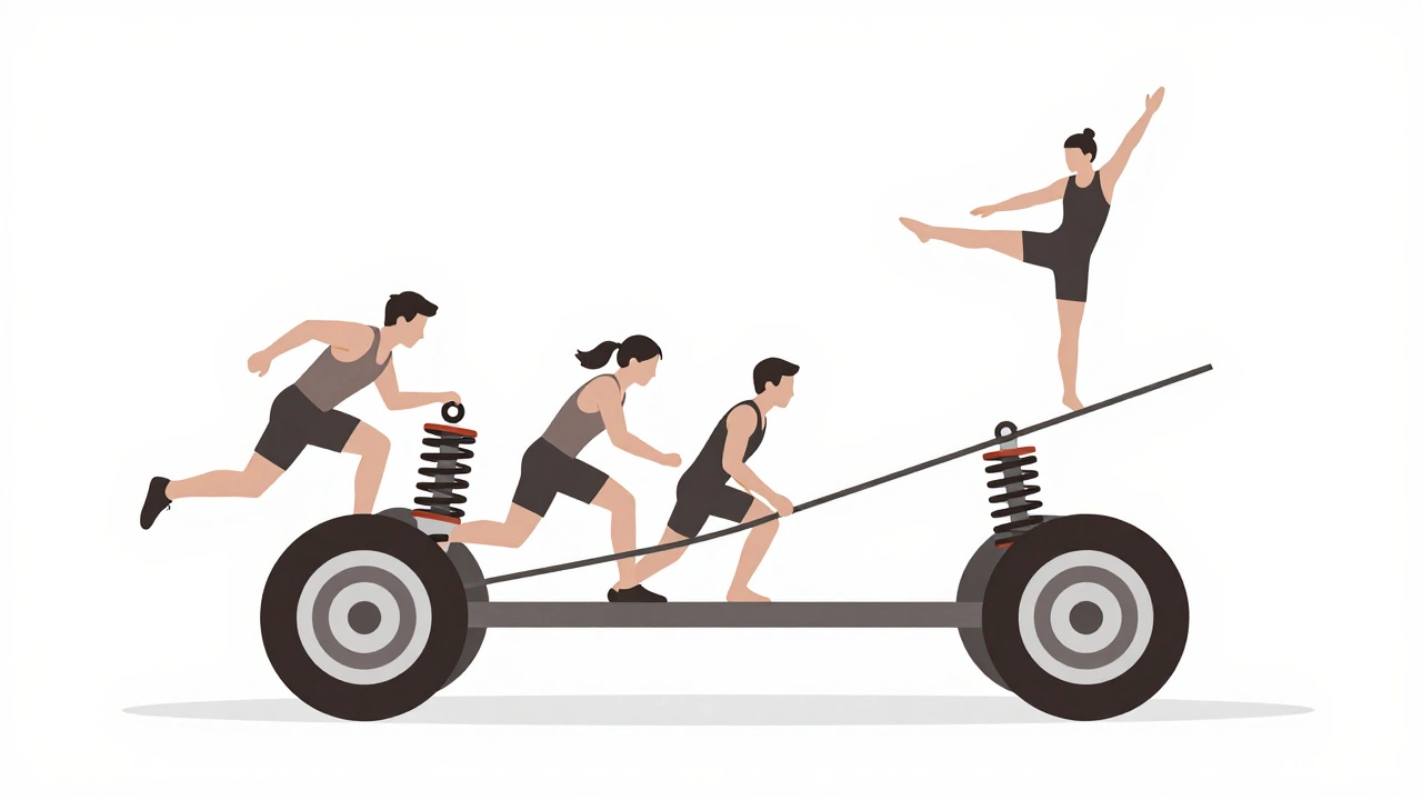 Conceptual illustration of suspension parts as athletes working together to balance and absorb road impacts.