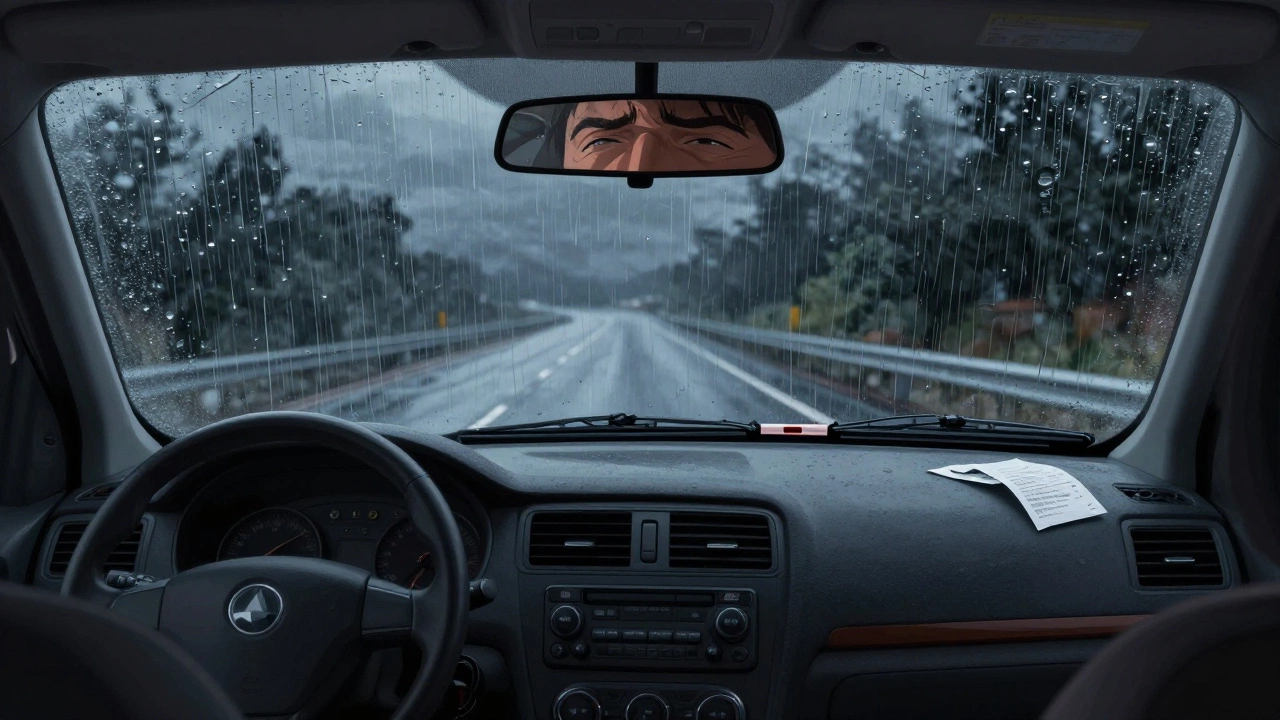 Driver squinting through a smeared windshield at night, new wiper blades on passenger seat.