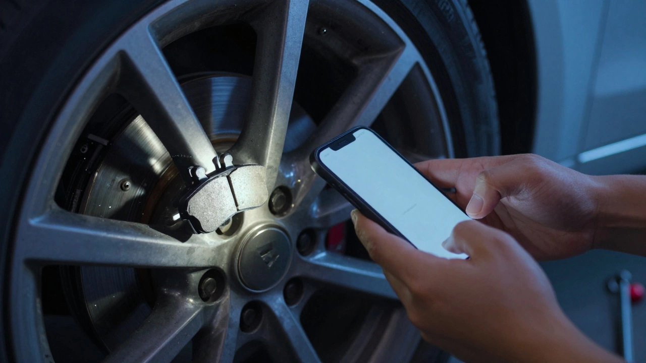 Driver using phone light to inspect brake pad wear through wheel gaps in garage.