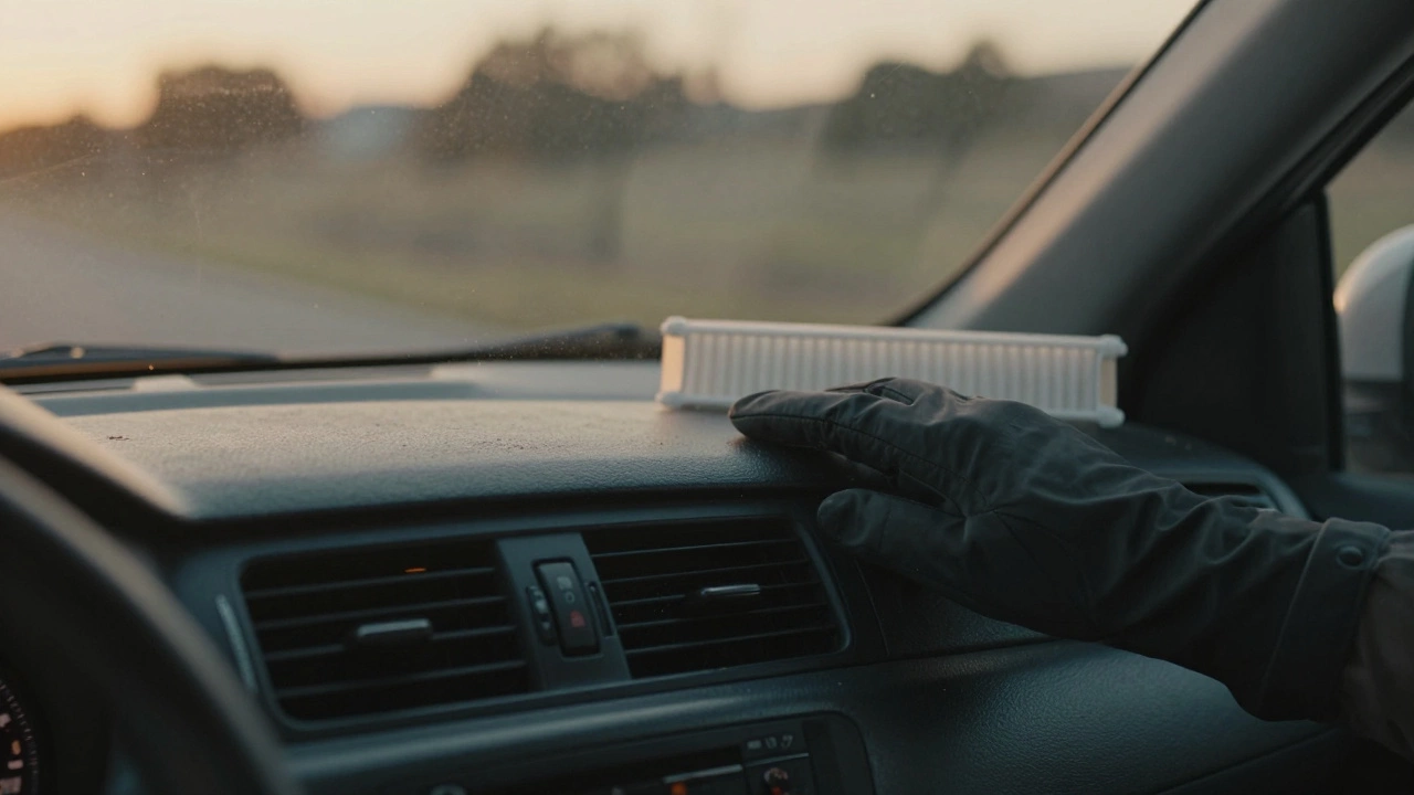 Dust swirling near car vents with cabin air filter visible behind glove box.