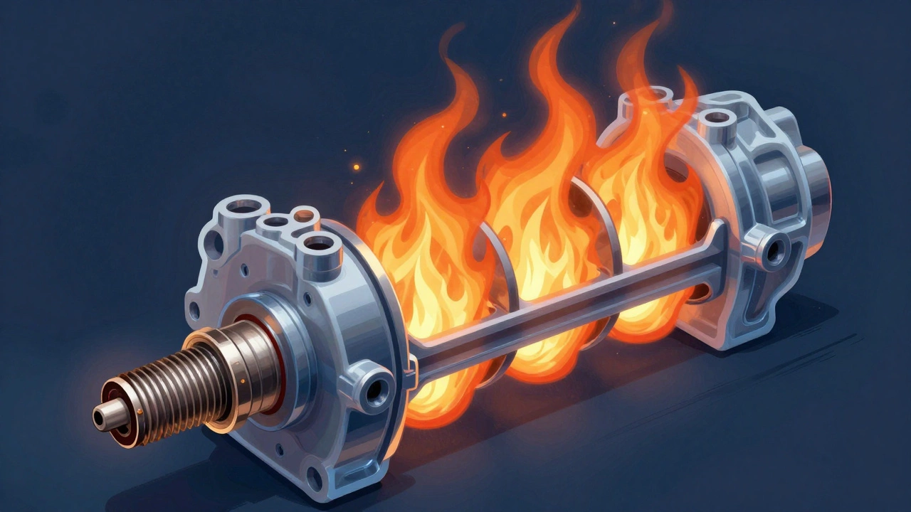 Engine cross-section showing weak spark in one cylinder compared to strong sparks in others.