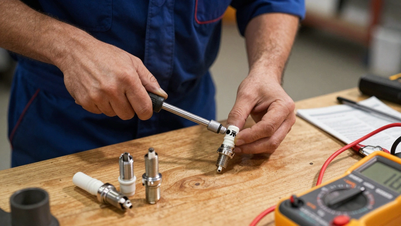 Mechanic installing new spark plugs with torque wrench in a garage