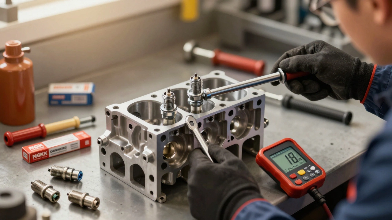Mechanic tightening a spark plug with a torque wrench in a workshop.