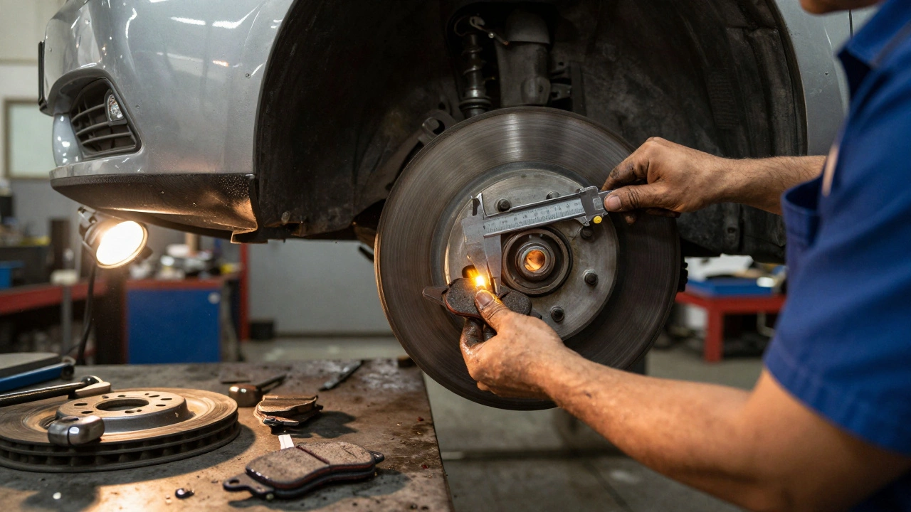 Mechanic using calipers to measure brake pad thickness in a garage with tools and rotors nearby.