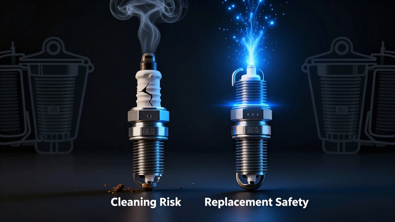 Side-by-side comparison of damaged vs. new spark plug with spark