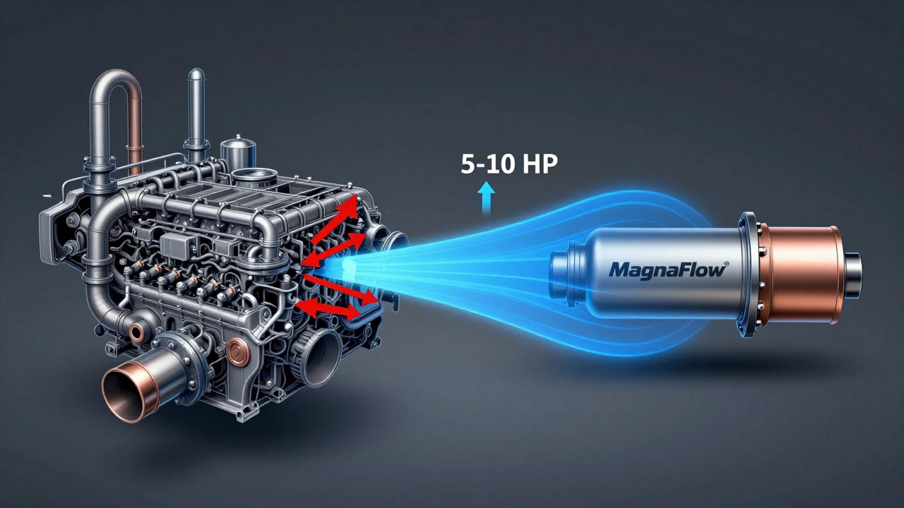 Split diagram comparing restricted factory exhaust to MagnaFlow&#039;s free-flow design with horsepower indicator.