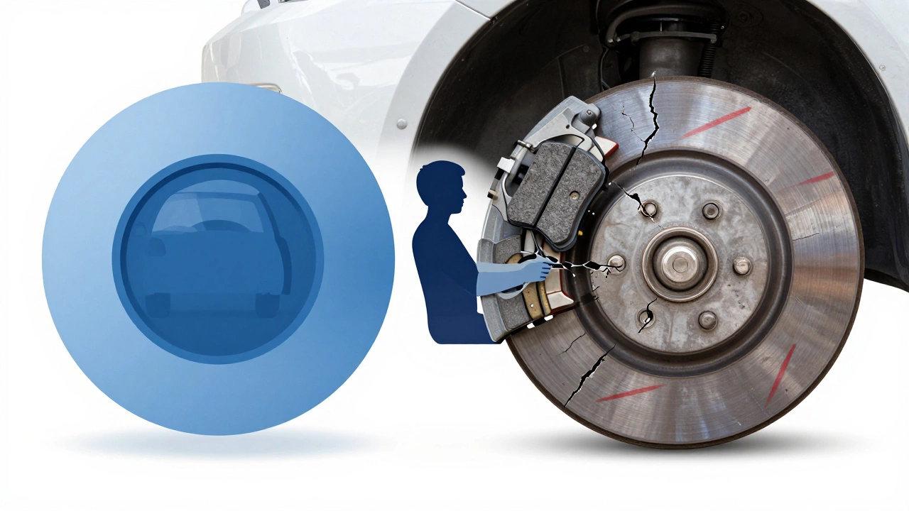 Split illustration comparing long-lasting ceramic brake pads versus worn-out organic pads with warning signs.