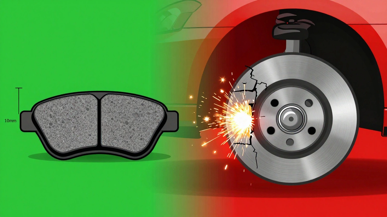 Split image comparing new vs. dangerously worn brake pads with grinding sparks.