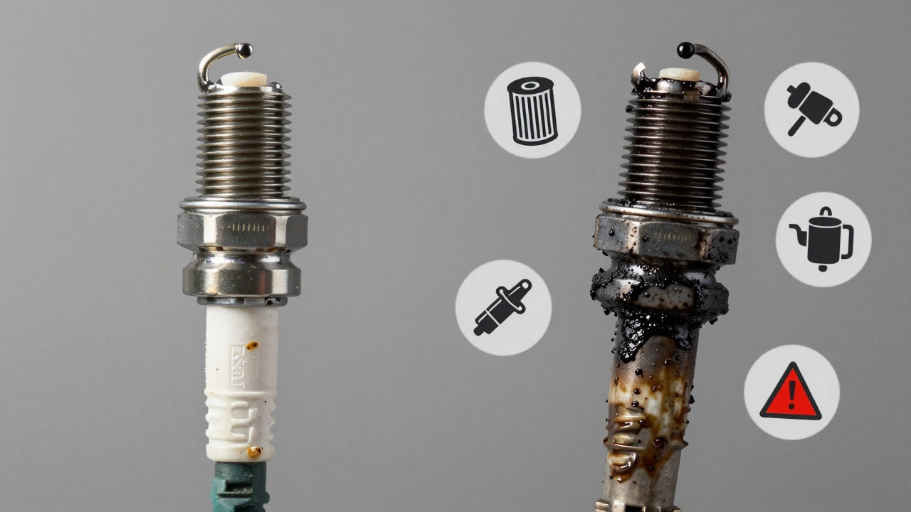 Split image of a clean spark plug versus a fouled one with carbon and oil deposits.
