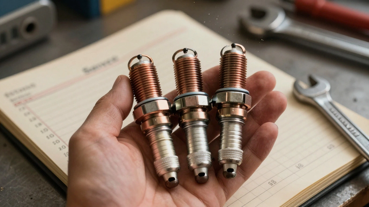Three types of spark plugs—copper, platinum, iridium—placed on a service logbook with a wrench.