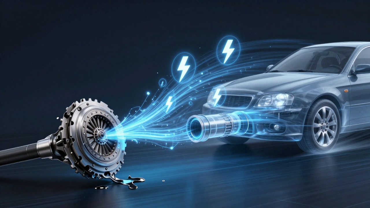 Transparent energy flow diagram comparing a leaking hose (worn clutch) to a clear pipe (new clutch) powering a car.
