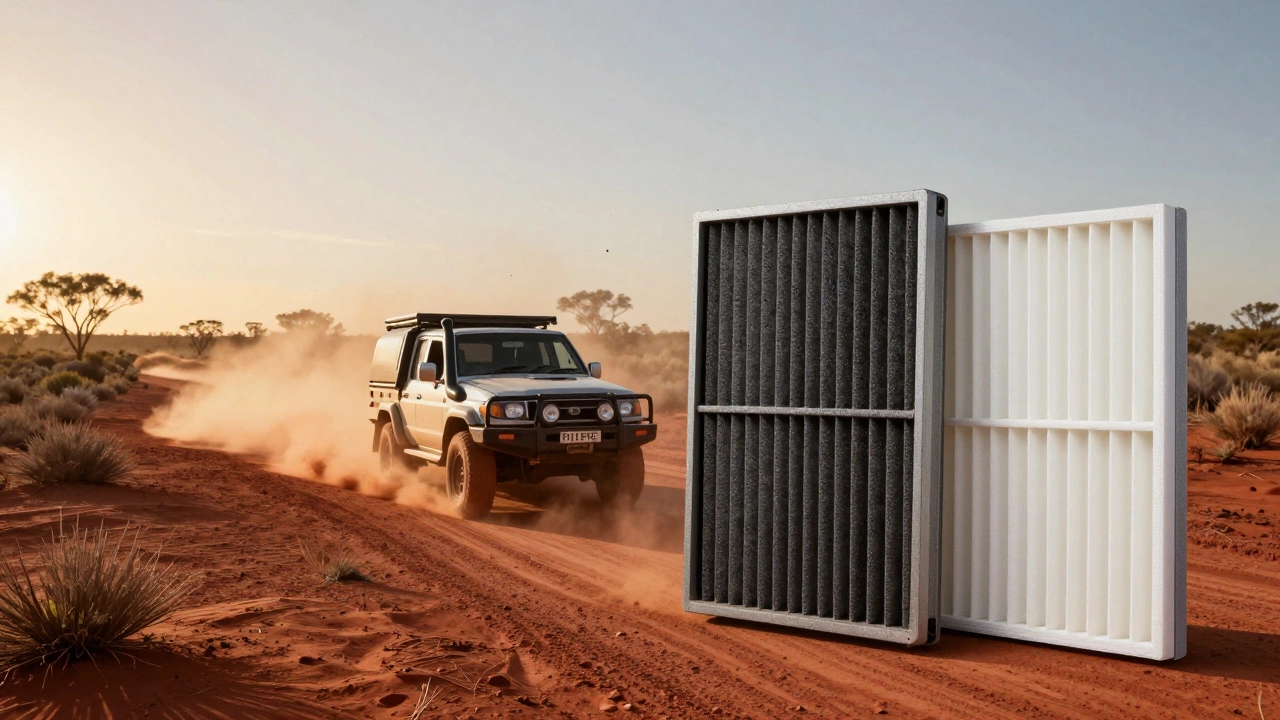 A 4x4 vehicle driving through dusty outback terrain with a close-up of a clogged Filtrete air filter packed with red dust.
