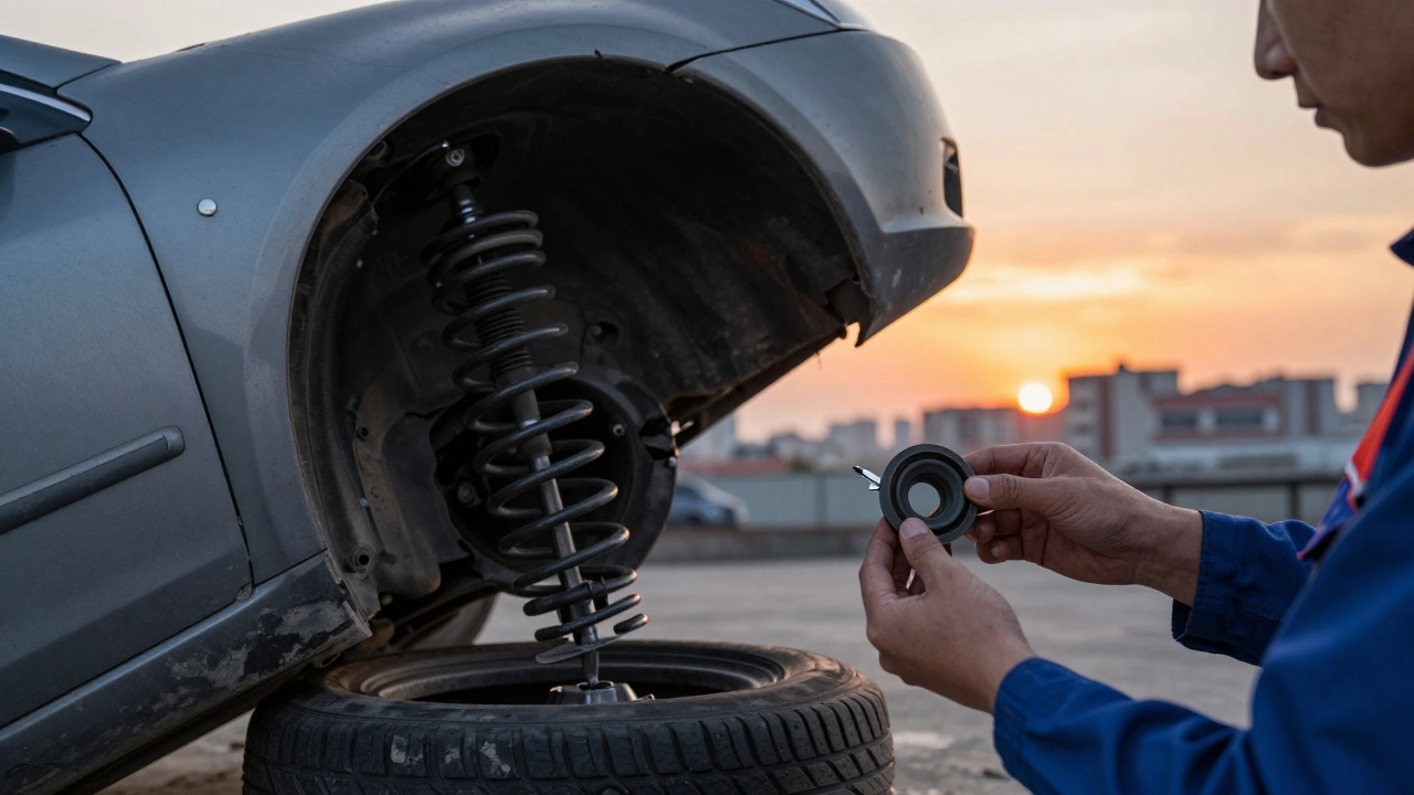 Car leaning sideways due to a broken spring, mechanic holding damaged suspension parts.