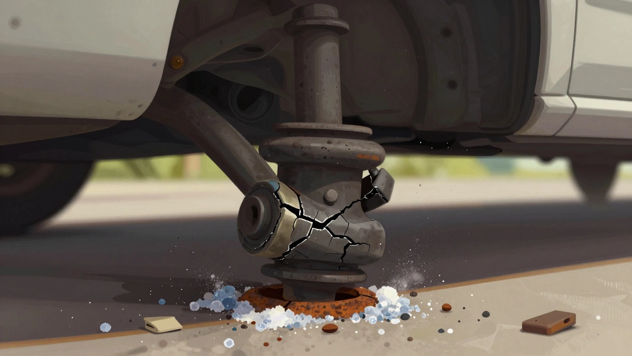 Close-up of cracked rubber bushings and bent control arms with rust and road salt.