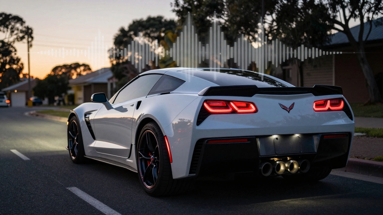 Corvette Z06 with small exhaust tips on a quiet road, sound waves radiating from hidden system.