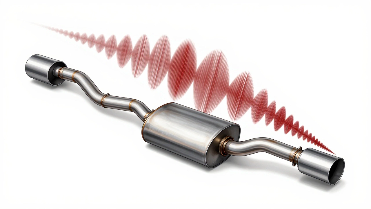 Cross-section of exhaust system showing sound waves from muffler, tip shown as small end cap.