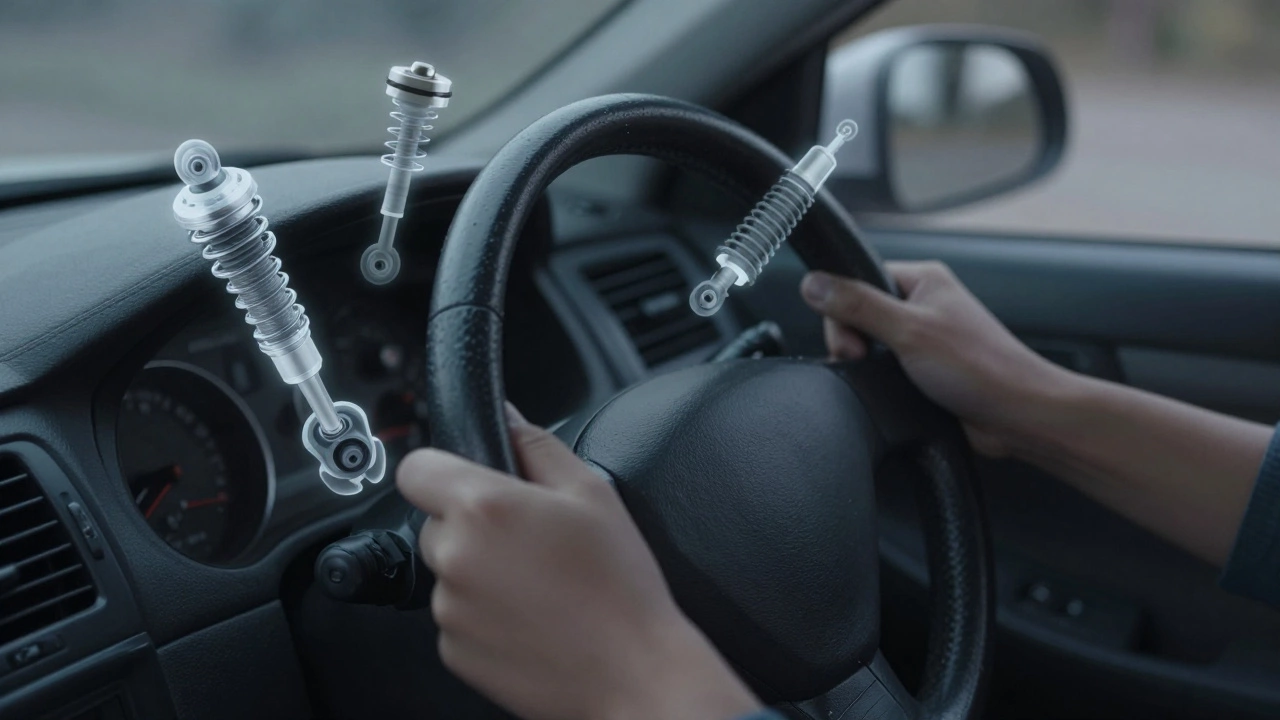 Driver's hands on a loose steering wheel with ghostly images of failing suspension parts