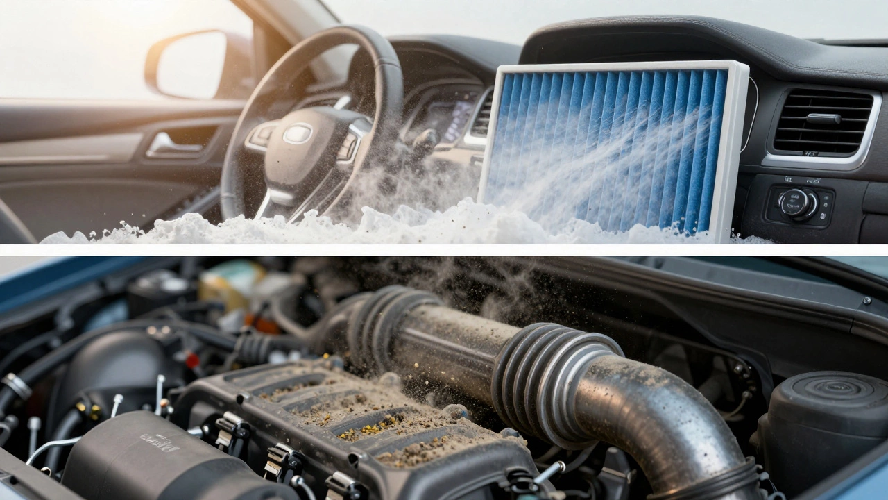 Interior of a car showing clean air flowing through a Filtrete cabin filter while dust enters the engine intake, illustrating dual air systems.