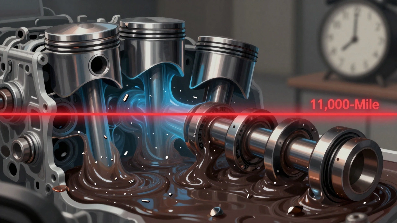 Internal engine parts wearing down as sludge circulates, with a red warning line at 11,000 miles.