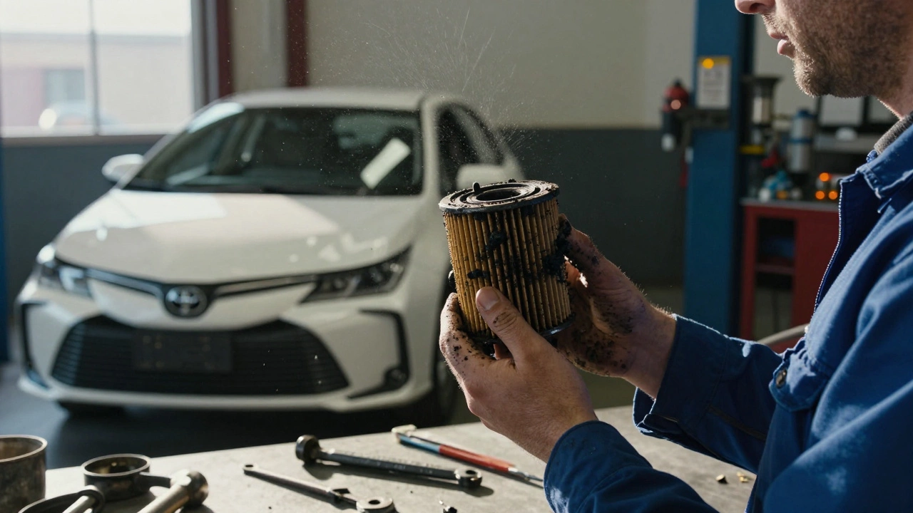 Mechanic holding a clogged oil filter beside a car with a glowing oil pressure warning light.
