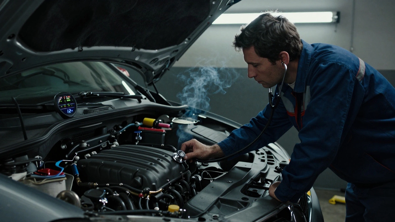 Mechanic listening to engine with stethoscope, oil life monitor showing 12%.