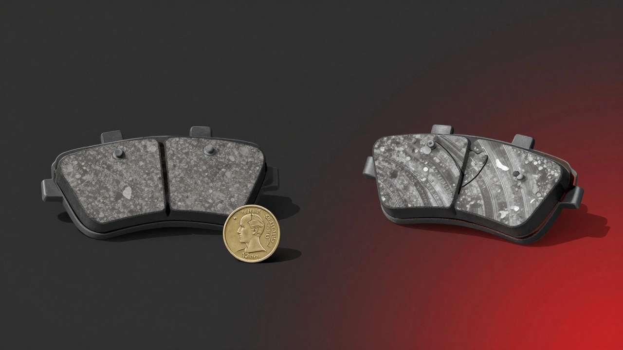 Side-by-side comparison of new brake pads versus severely worn pads with damaged rotor surface