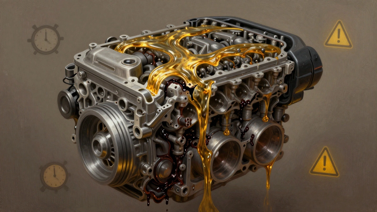 Surreal engine with golden oil flows and dark sludge creeping through parts.
