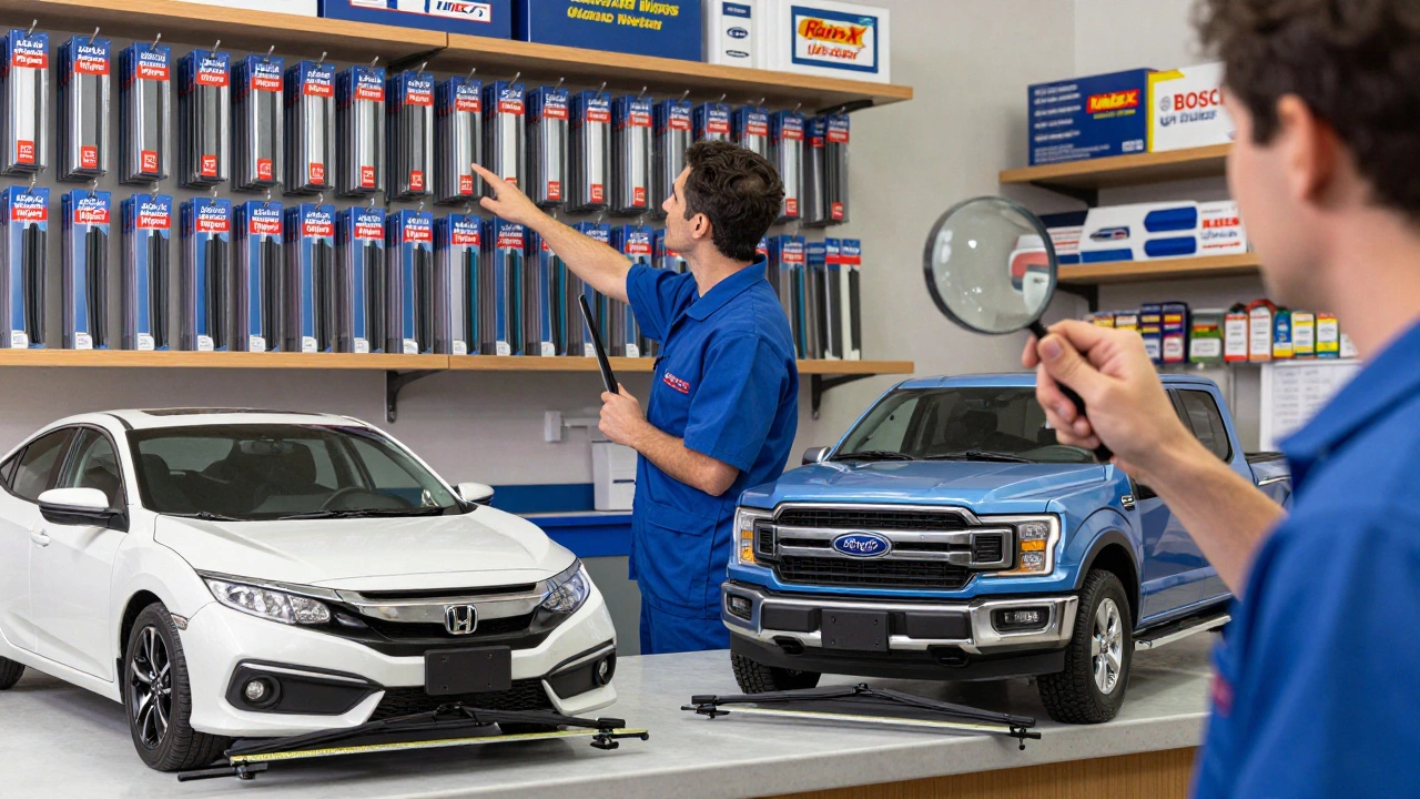 Auto parts shelf filled with windshield wiper blades labeled in English, next to two cars.