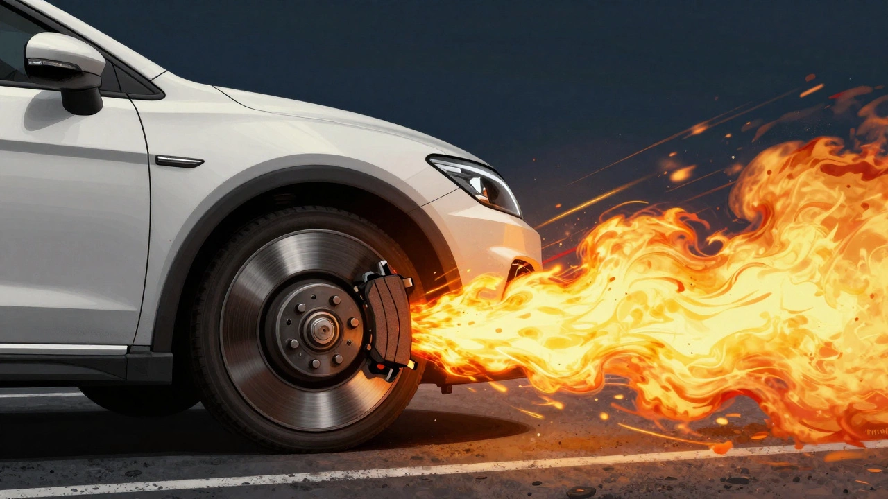 Car descending a hill with heat rising from brake rotors, pads nearly worn out.