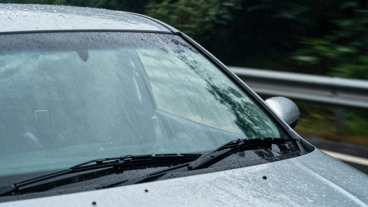 Car driving in monsoon rain with clear windshield view using premium wipers