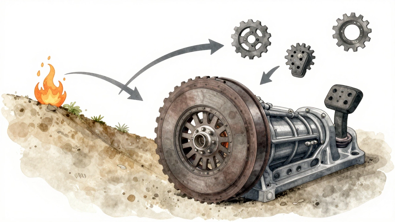 Cross-section of slipping clutch in transmission with icons showing failure signs