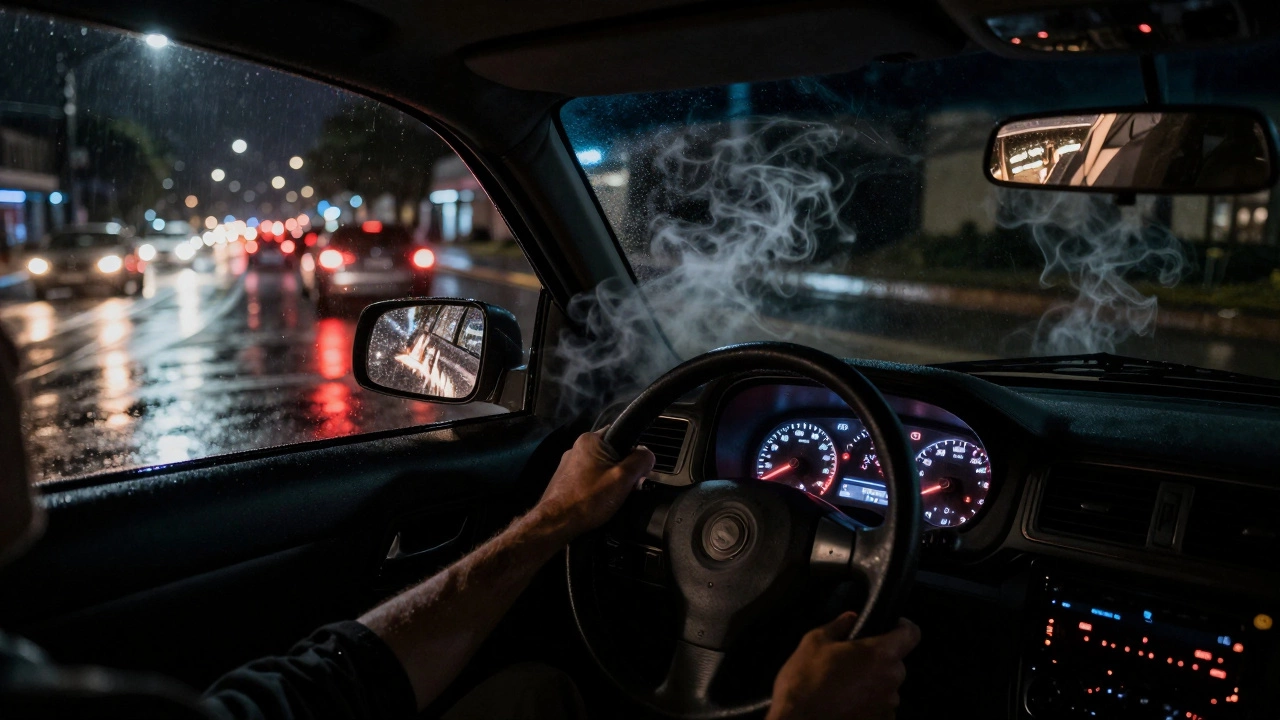Driver's foot above clutch pedal with smoke rising from under the hood at night