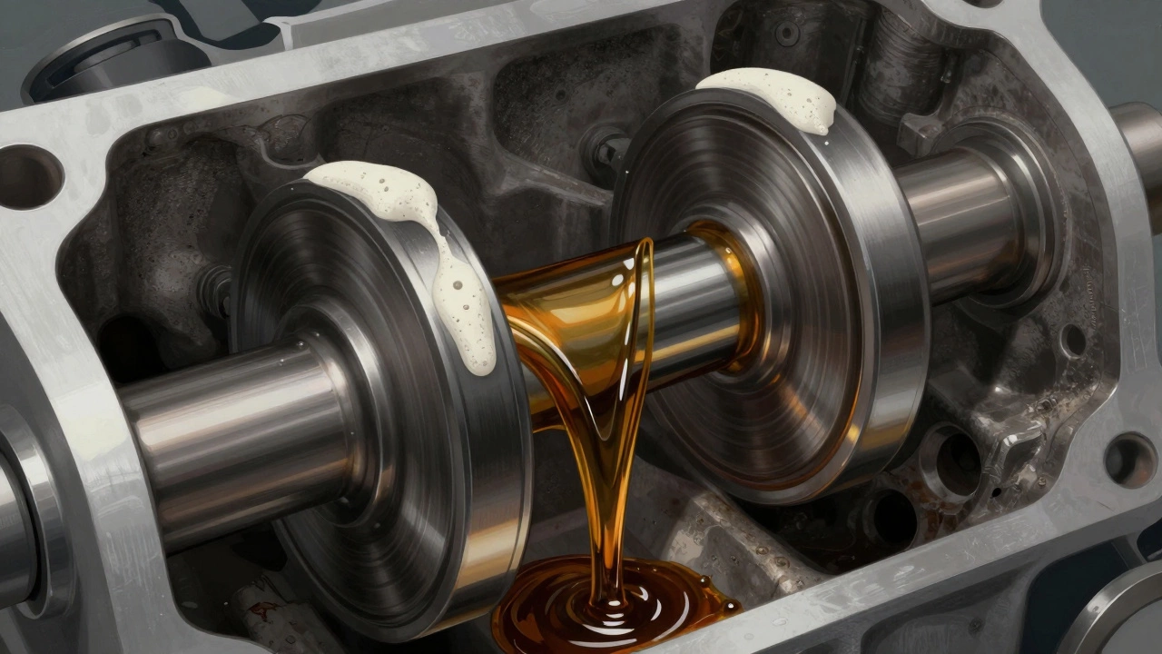 Engine internals with oil flowing properly between safe limits, foam above and dry metal below.