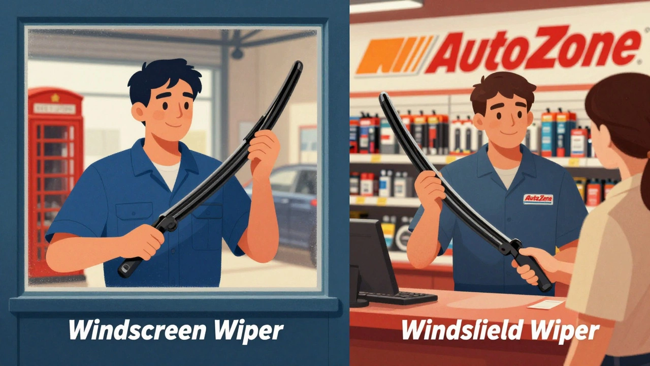 Split image: British and American mechanics holding identical wiper blades with different labels.
