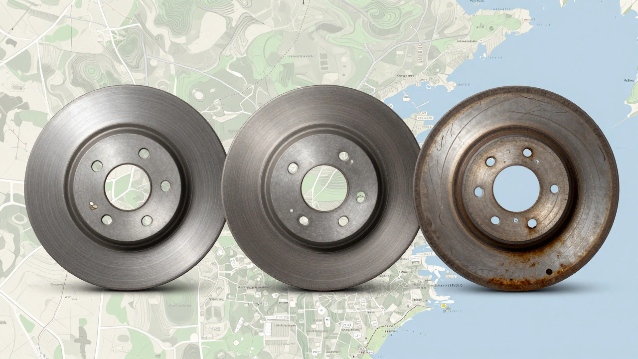 Three brake rotors showing different wear levels based on driving conditions.