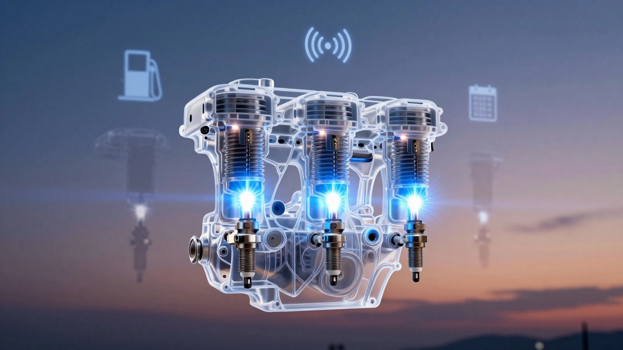 Transparent engine showing three cylinders with bright, synchronized sparks, contrasted with dim fading sparks in the background.