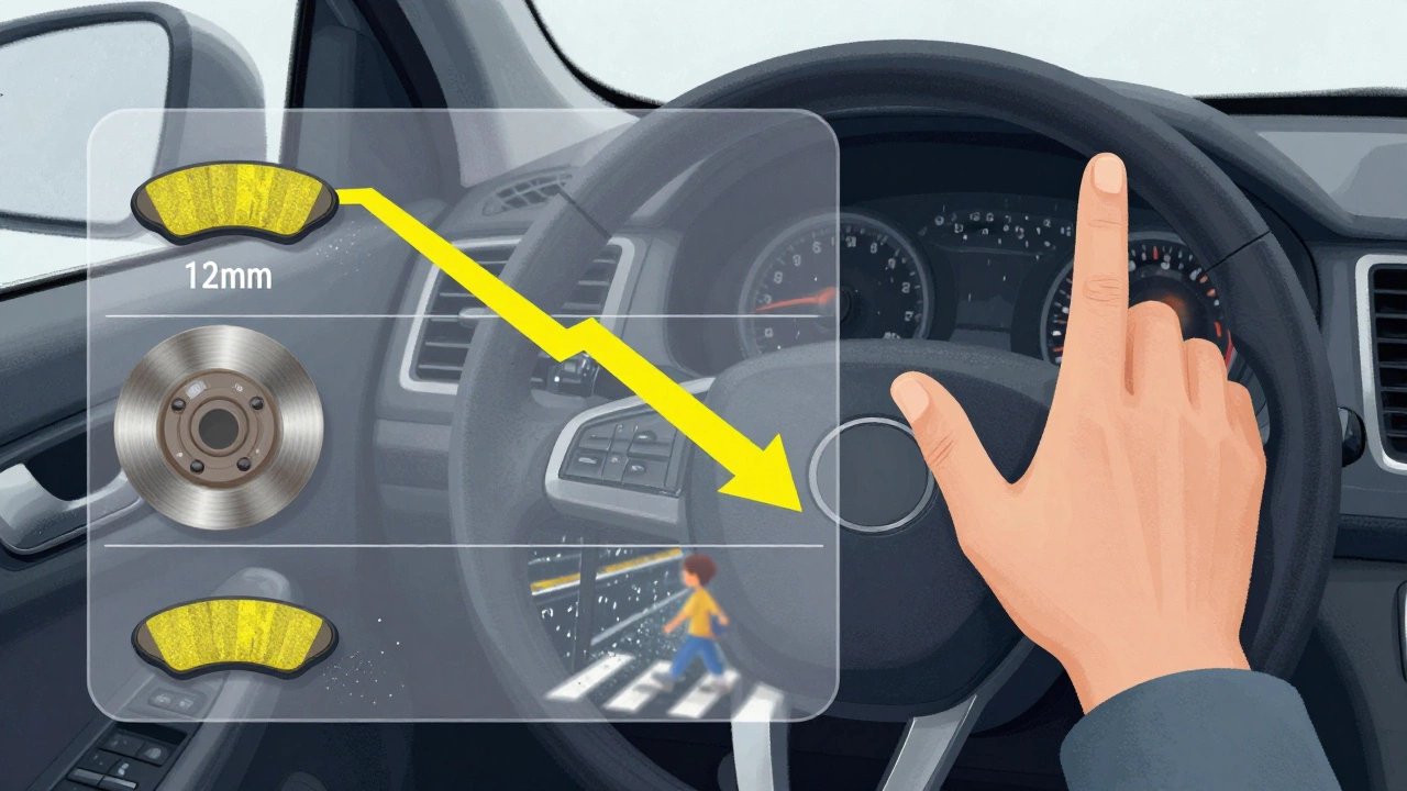 Transparent overlay showing brake pad wear stages with escalating dangers on a rainy road.