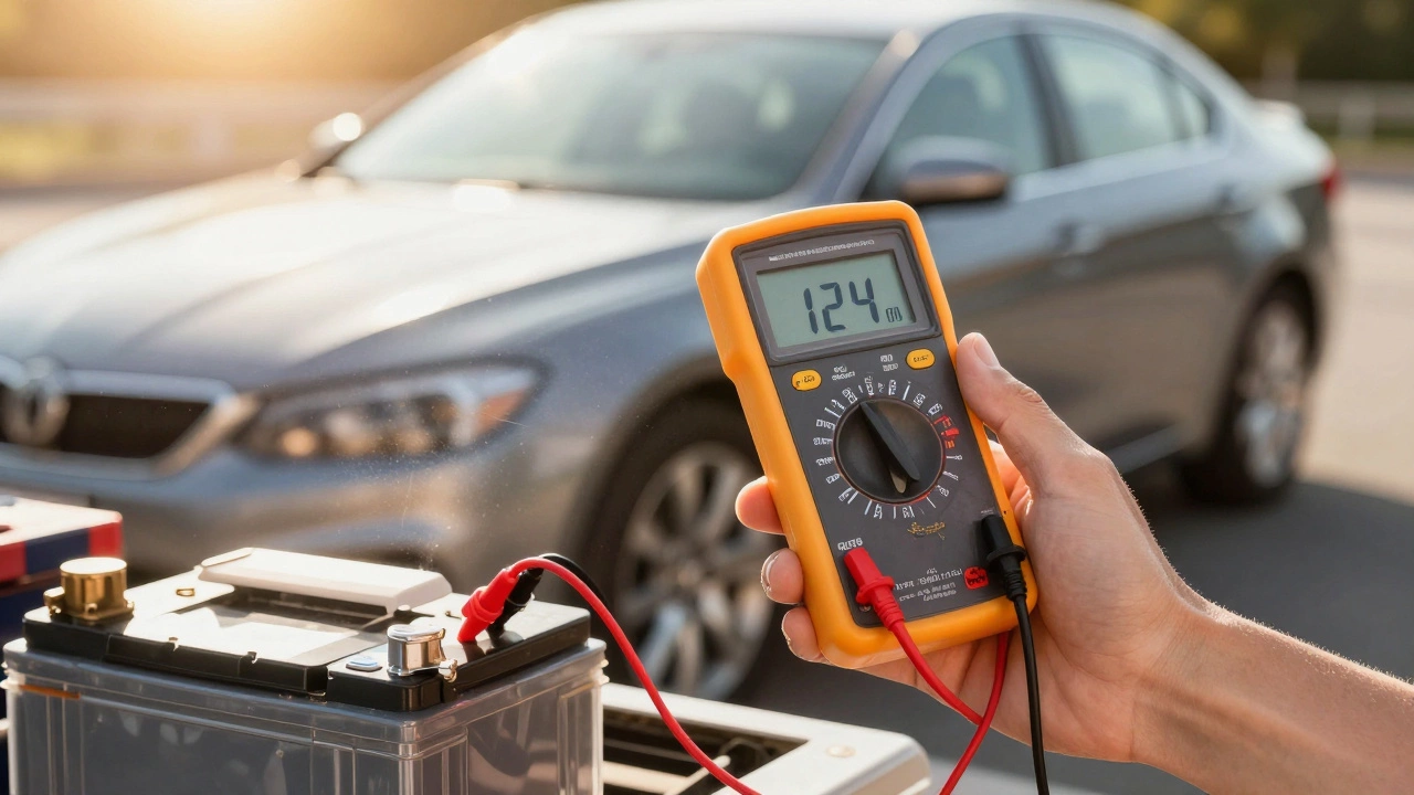 A hand testing a car battery with a multimeter under a hot summer sun.