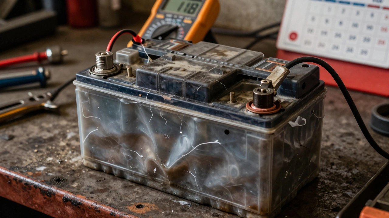 A swollen and corroded car battery on a workbench with a multimeter showing low voltage.