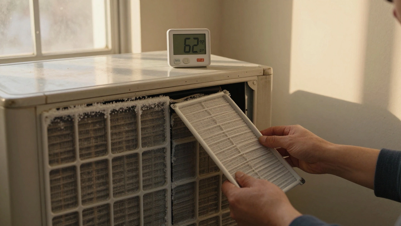 Aging HVAC system with ice on the evaporator coil as a MERV 13 filter is being installed, indicating restricted airflow.